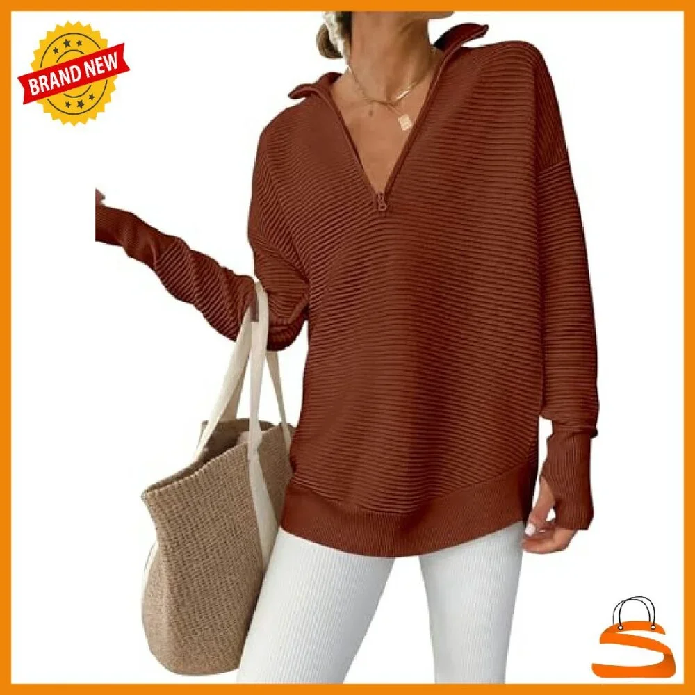 Long Sleeve Quarter Zip Pullover Sweater Ribbed Knit Loose Fit Thumb Hole - Picture 2 of 8